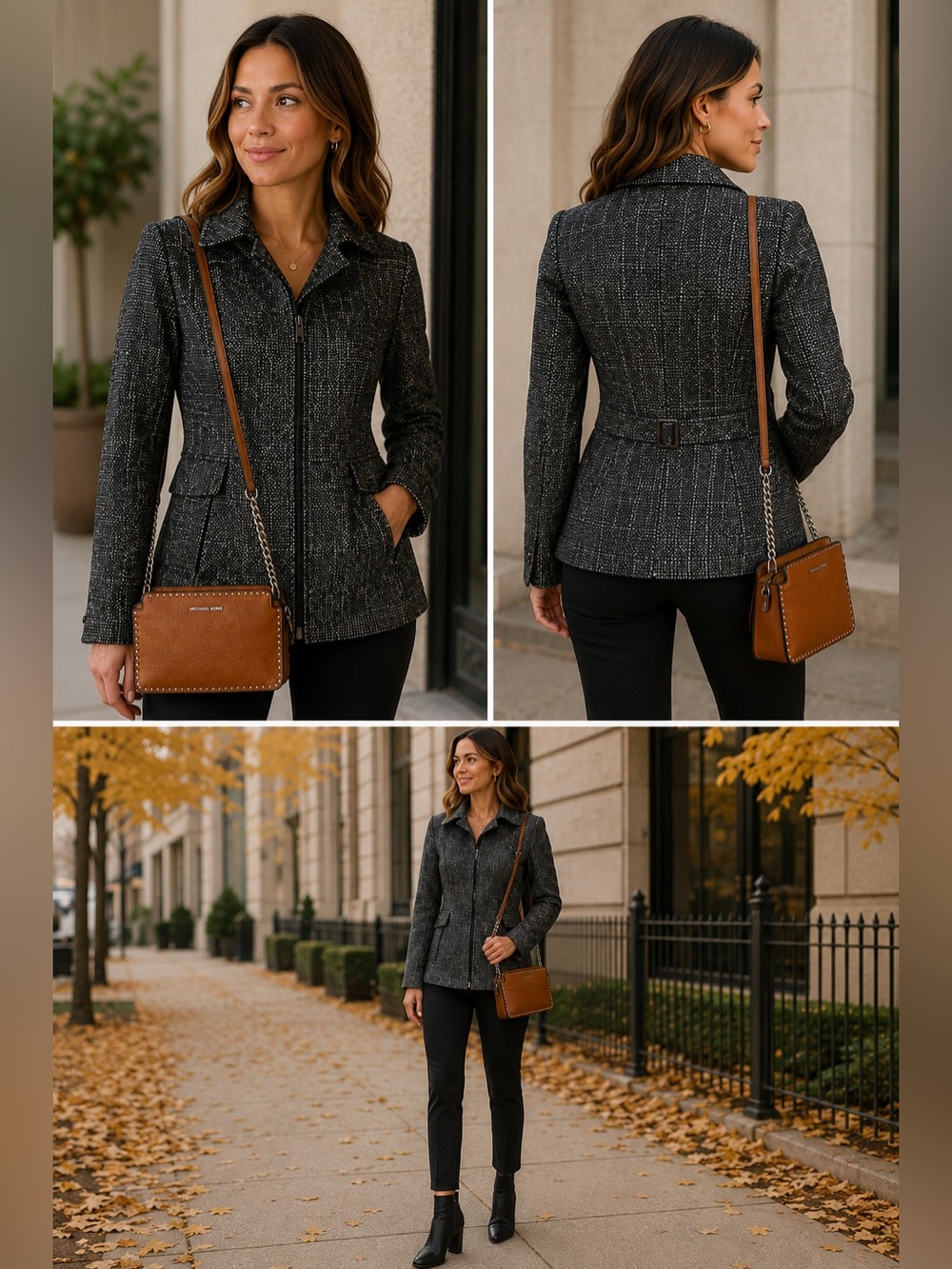 Carlisle Houndstooth Zip Front Wool Coat Black White Tailored Size 8